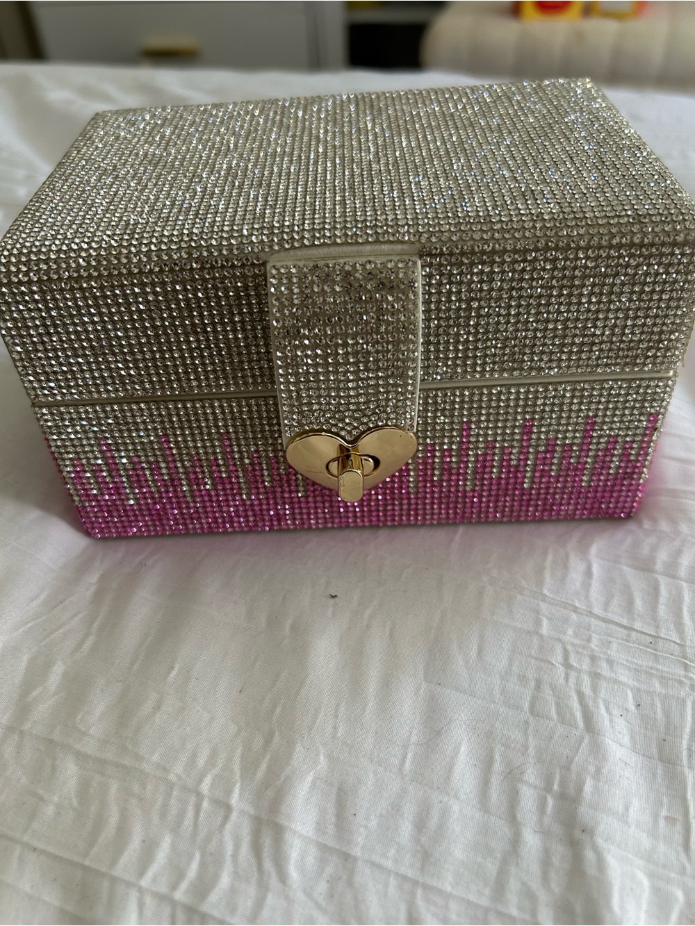 Paris Hilton Silver and Pink Rhinestone Jewelry Box with Gold Heart Lock